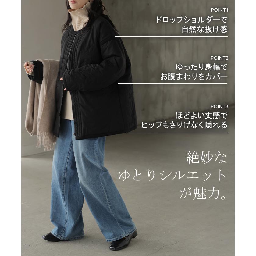 ジャケット キルティング 中綿 綿100 刺繍 アウター レディース パーカー ブルゾン オーバー コート 花柄 羽織 ノーカラー コットン ポケット オーバーサイズ | HUG.U | 14