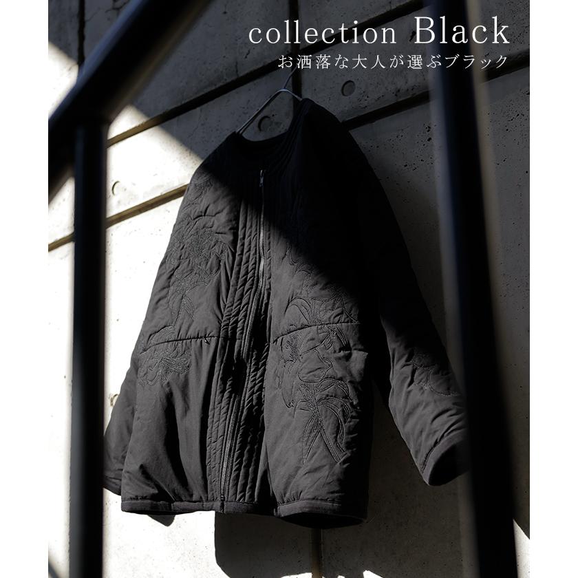 ジャケット キルティング 中綿 綿100 刺繍 アウター レディース パーカー ブルゾン オーバー コート 花柄 羽織 ノーカラー コットン ポケット オーバーサイズ | HUG.U | 15