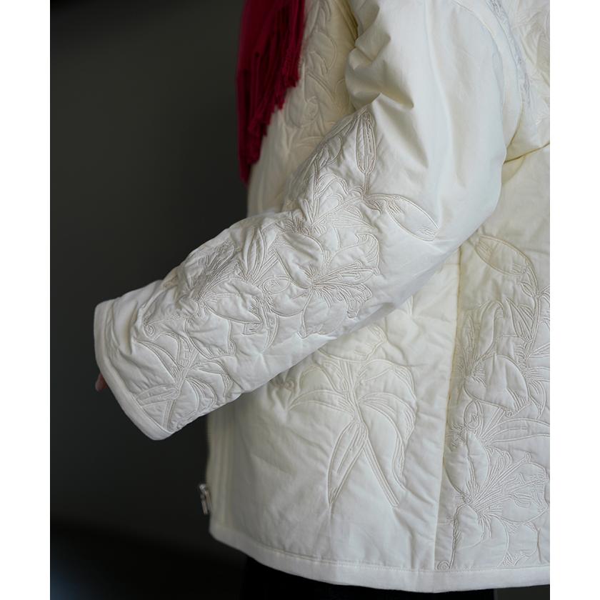 ジャケット キルティング 中綿 綿100 刺繍 アウター レディース パーカー ブルゾン オーバー コート 花柄 羽織 ノーカラー コットン ポケット オーバーサイズ | HUG.U | 16