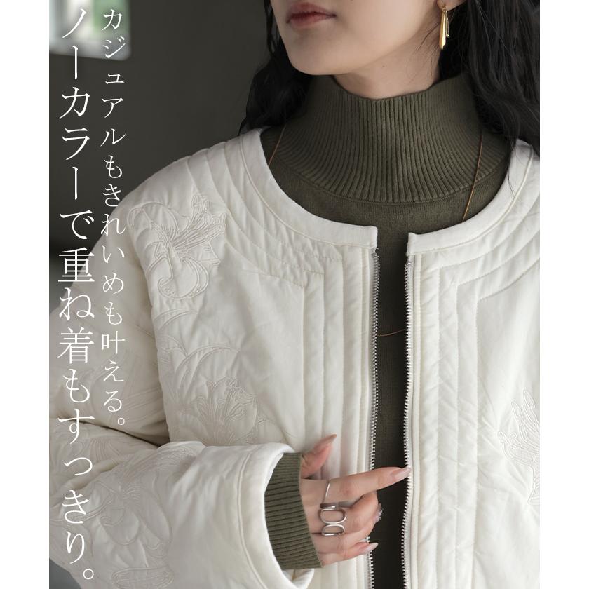 ジャケット キルティング 中綿 綿100 刺繍 アウター レディース パーカー ブルゾン オーバー コート 花柄 羽織 ノーカラー コットン ポケット オーバーサイズ | HUG.U | 18