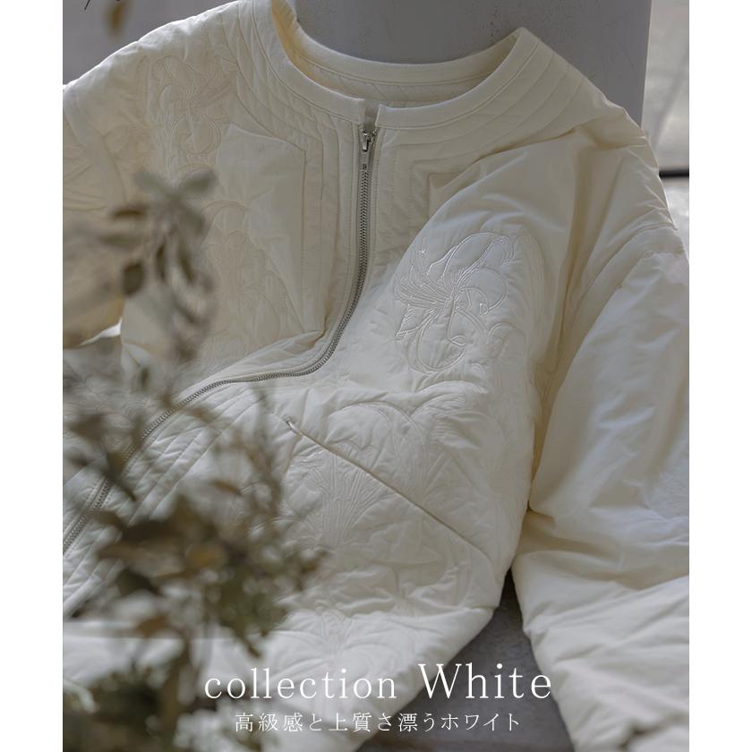 ジャケット キルティング 中綿 綿100 刺繍 アウター レディース パーカー ブルゾン オーバー コート 花柄 羽織 ノーカラー コットン ポケット オーバーサイズ | HUG.U | 21