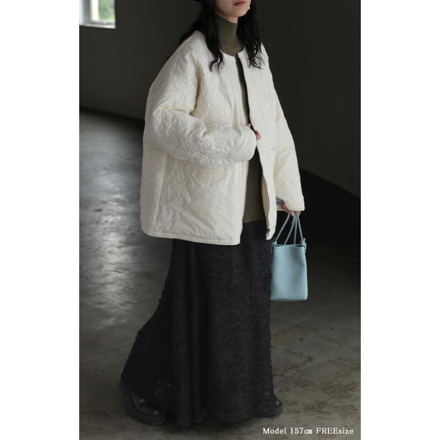 ジャケット キルティング 中綿 綿100 刺繍 アウター レディース パーカー ブルゾン オーバー コート 花柄 羽織 ノーカラー コットン ポケット オーバーサイズ | HUG.U | 04