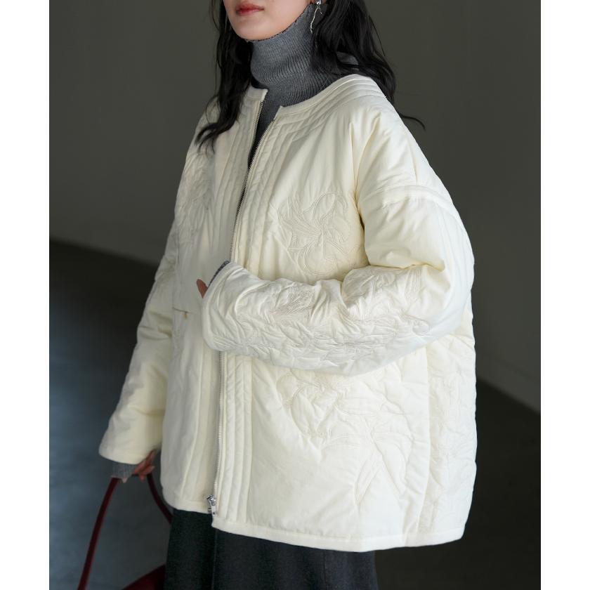 ジャケット キルティング 中綿 綿100 刺繍 アウター レディース パーカー ブルゾン オーバー コート 花柄 羽織 ノーカラー コットン ポケット オーバーサイズ | HUG.U | 06