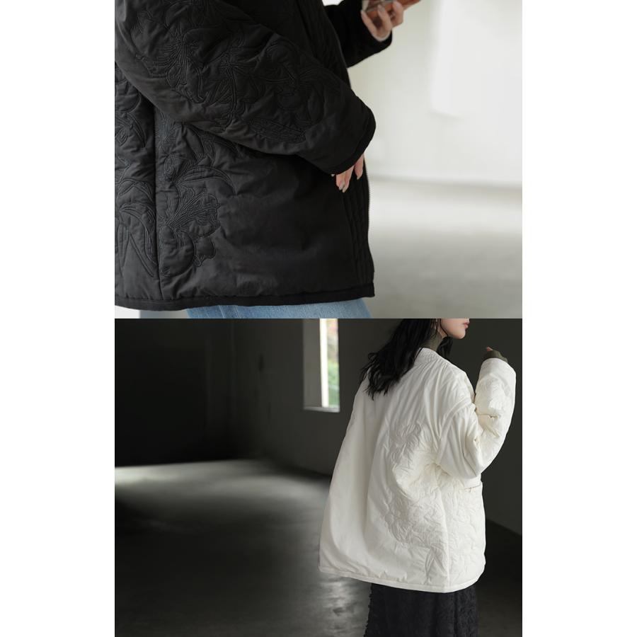 ジャケット キルティング 中綿 綿100 刺繍 アウター レディース パーカー ブルゾン オーバー コート 花柄 羽織 ノーカラー コットン ポケット オーバーサイズ | HUG.U | 07