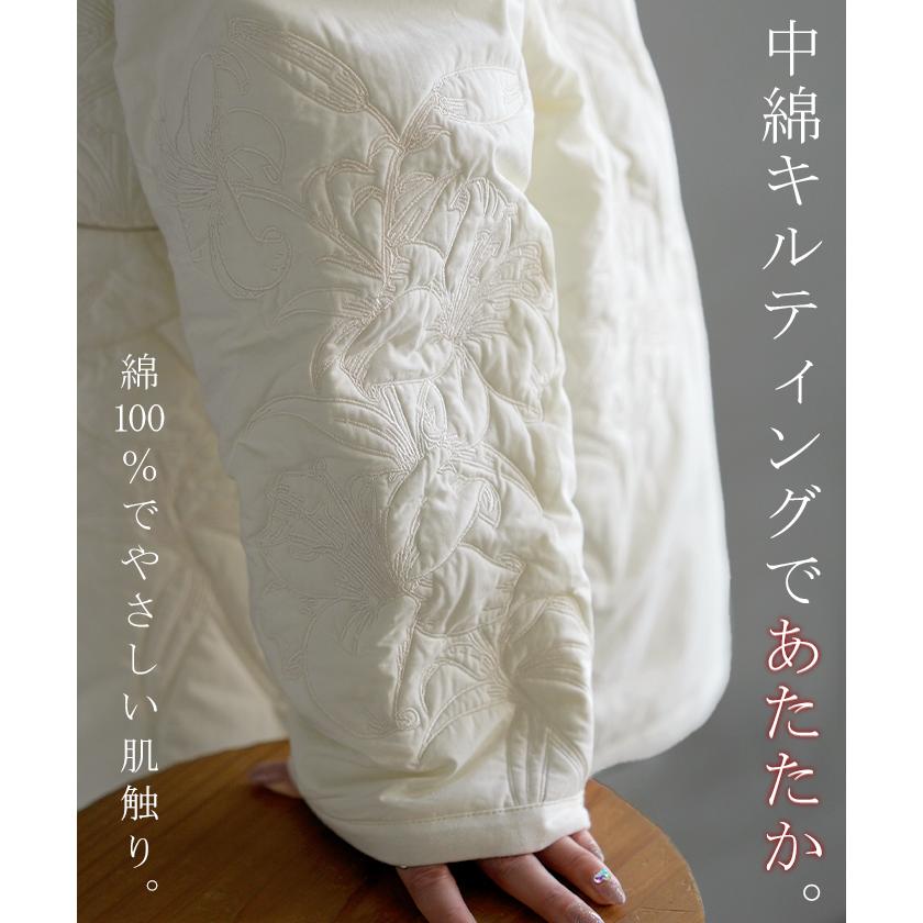 ジャケット キルティング 中綿 綿100 刺繍 アウター レディース パーカー ブルゾン オーバー コート 花柄 羽織 ノーカラー コットン ポケット オーバーサイズ | HUG.U | 08