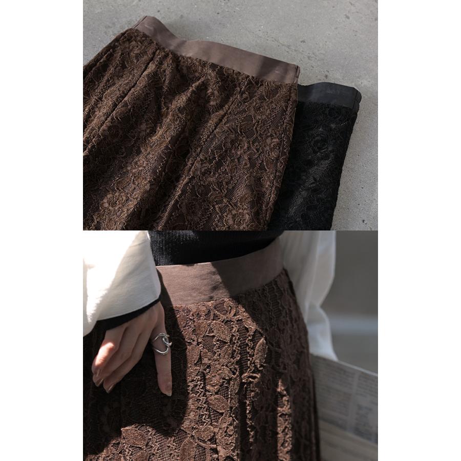 スカート ベロア レース 異素材 ロング ロングスカート レーススカート Aライン レディース ボトムス ボトム フレア フレアスカート マキシ マキシスカート | HUG.U | 04
