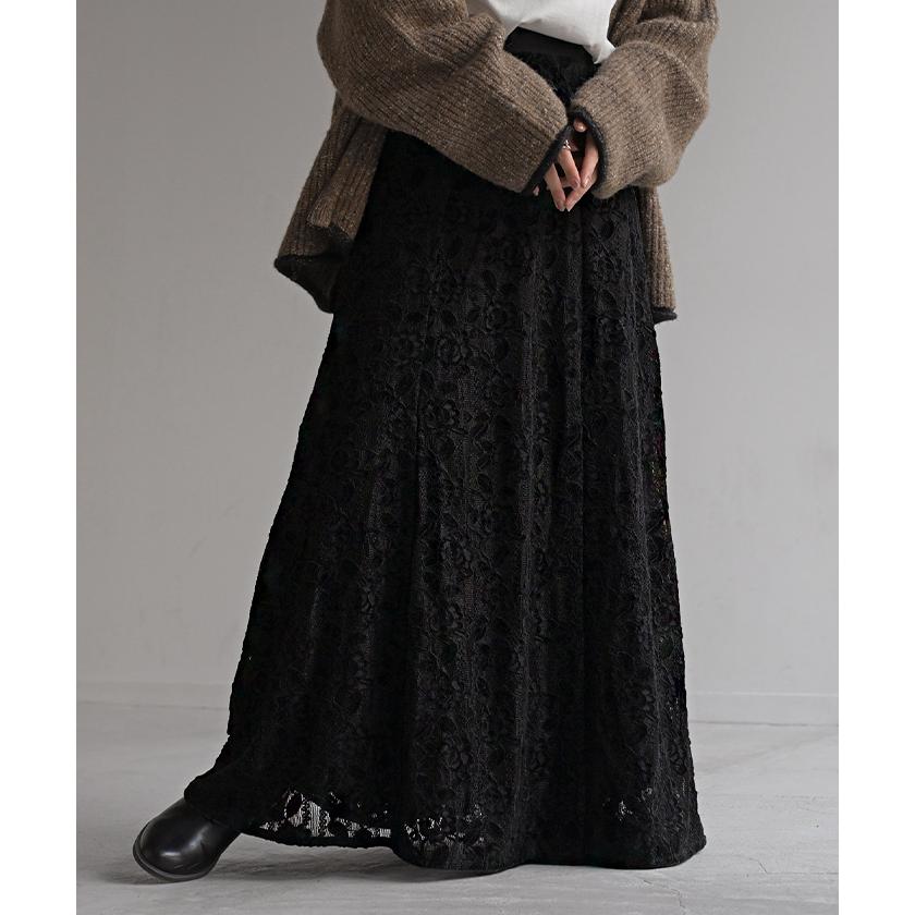 スカート ベロア レース 異素材 ロング ロングスカート レーススカート Aライン レディース ボトムス ボトム フレア フレアスカート マキシ マキシスカート | HUG.U | 06