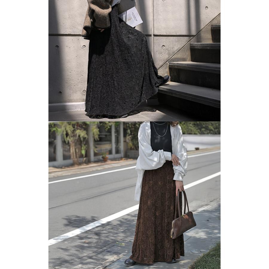 スカート ベロア レース 異素材 ロング ロングスカート レーススカート Aライン レディース ボトムス ボトム フレア フレアスカート マキシ マキシスカート | HUG.U | 08