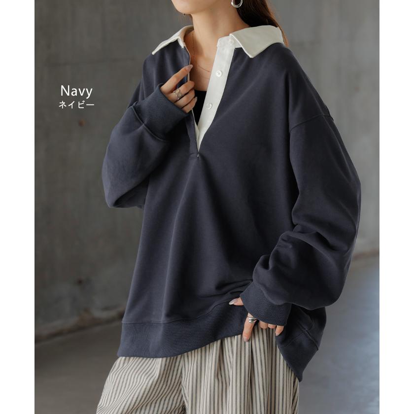 ラガーシャツ スウェット チュニック レディース トップス ロング トレーナー オーバー プルオーバー 無地 長袖 襟 シャツ ドルマン Vネック オーバーサイズ | HUG.U | 15