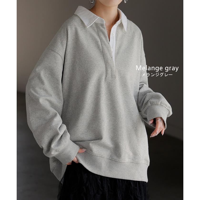 ラガーシャツ スウェット チュニック レディース トップス ロング トレーナー オーバー プルオーバー 無地 長袖 襟 シャツ ドルマン Vネック オーバーサイズ | HUG.U | 16