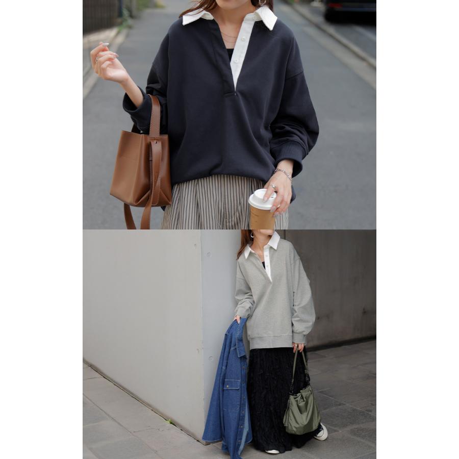 ラガーシャツ スウェット チュニック レディース トップス ロング トレーナー オーバー プルオーバー 無地 長袖 襟 シャツ ドルマン Vネック オーバーサイズ | HUG.U | 18