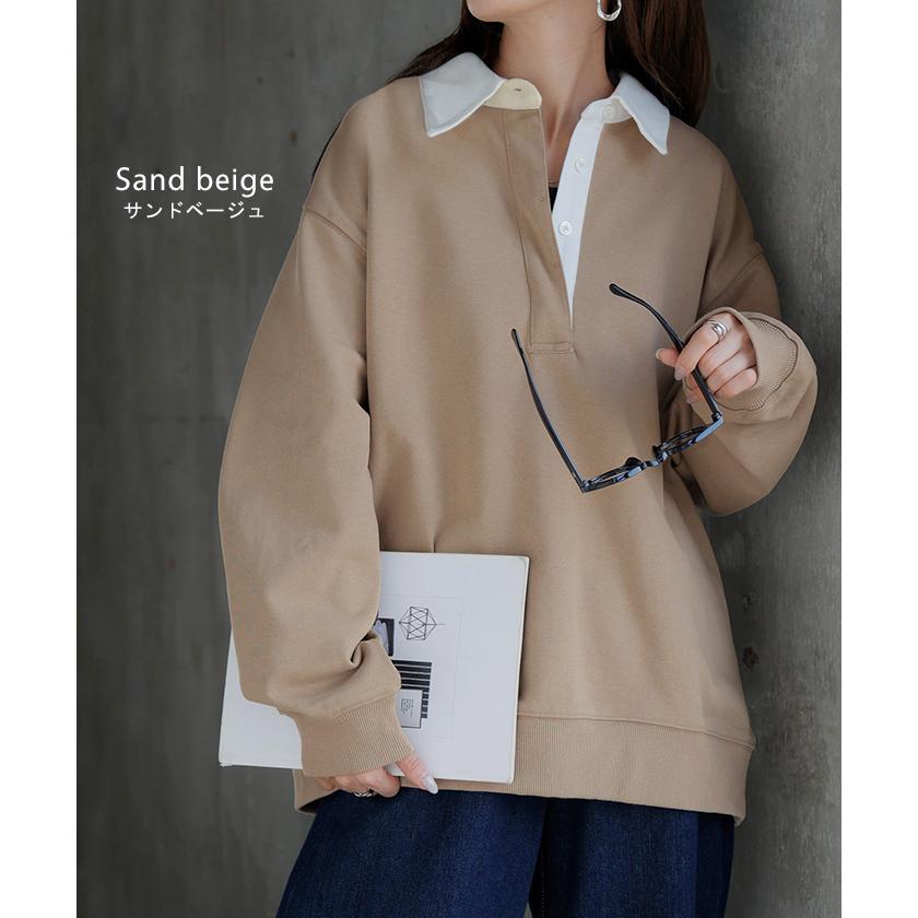 ラガーシャツ スウェット チュニック レディース トップス ロング トレーナー オーバー プルオーバー 無地 長袖 襟 シャツ ドルマン Vネック オーバーサイズ | HUG.U | 19