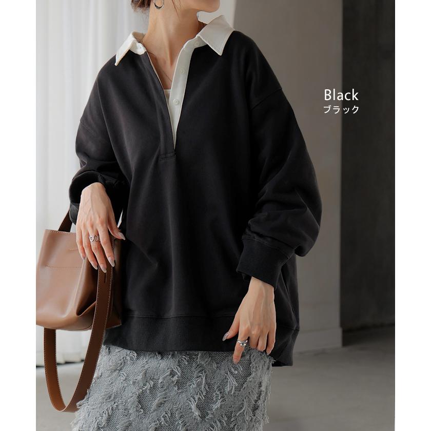 ラガーシャツ スウェット チュニック レディース トップス ロング トレーナー オーバー プルオーバー 無地 長袖 襟 シャツ ドルマン Vネック オーバーサイズ | HUG.U | 20