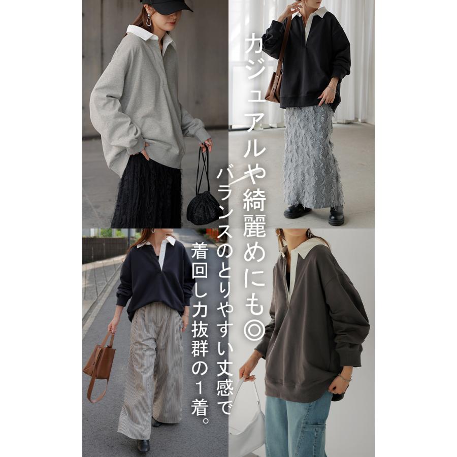 ラガーシャツ スウェット チュニック レディース トップス ロング トレーナー オーバー プルオーバー 無地 長袖 襟 シャツ ドルマン Vネック オーバーサイズ | HUG.U | 21