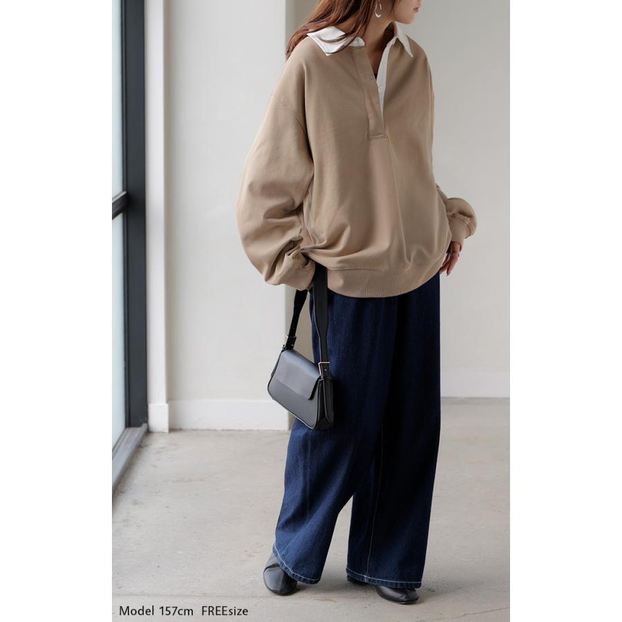 ラガーシャツ スウェット チュニック レディース トップス ロング トレーナー オーバー プルオーバー 無地 長袖 襟 シャツ ドルマン Vネック オーバーサイズ | HUG.U | 22