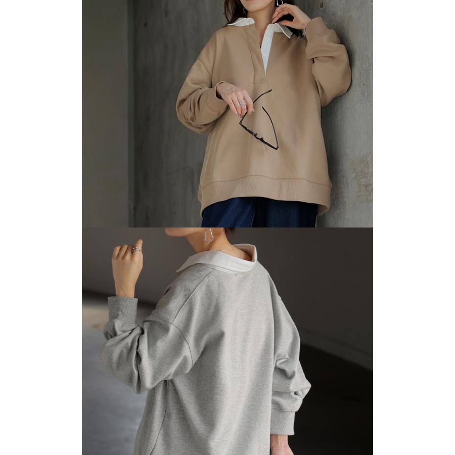 ラガーシャツ スウェット チュニック レディース トップス ロング トレーナー オーバー プルオーバー 無地 長袖 襟 シャツ ドルマン Vネック オーバーサイズ | HUG.U | 24