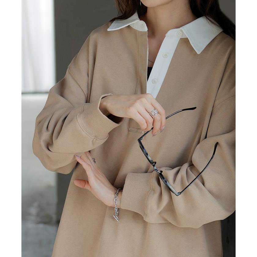 ラガーシャツ スウェット チュニック レディース トップス ロング トレーナー オーバー プルオーバー 無地 長袖 襟 シャツ ドルマン Vネック オーバーサイズ | HUG.U | 07