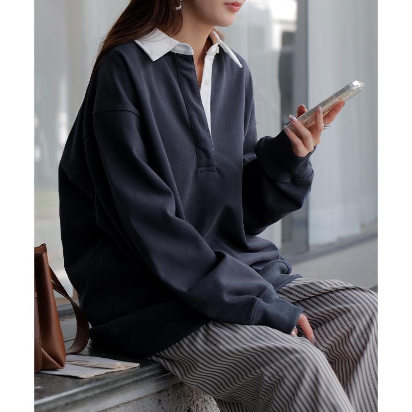 ラガーシャツ スウェット チュニック レディース トップス ロング トレーナー オーバー プルオーバー 無地 長袖 襟 シャツ ドルマン Vネック オーバーサイズ | HUG.U | 09