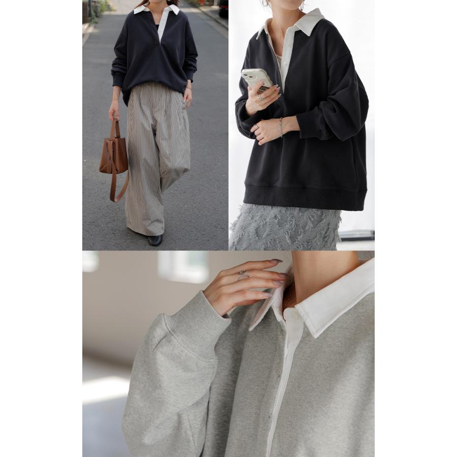 ラガーシャツ スウェット チュニック レディース トップス ロング トレーナー オーバー プルオーバー 無地 長袖 襟 シャツ ドルマン Vネック オーバーサイズ | HUG.U | 12