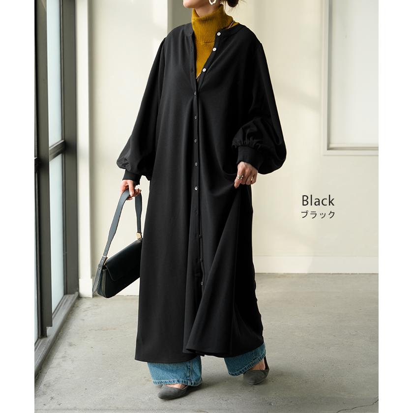 ワンピース ワンピ ロング シャツ 選べる 2丈 レディース シャツワンピ ロングワンピース Aライン マキシ ノーカラー ボリュームスリーブ | HUG.U | 15