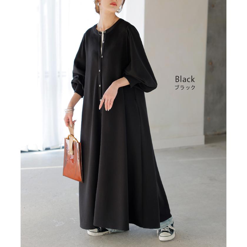 ワンピース ワンピ ロング シャツ 選べる 2丈 レディース シャツワンピ ロングワンピース Aライン マキシ ノーカラー ボリュームスリーブ | HUG.U | 15