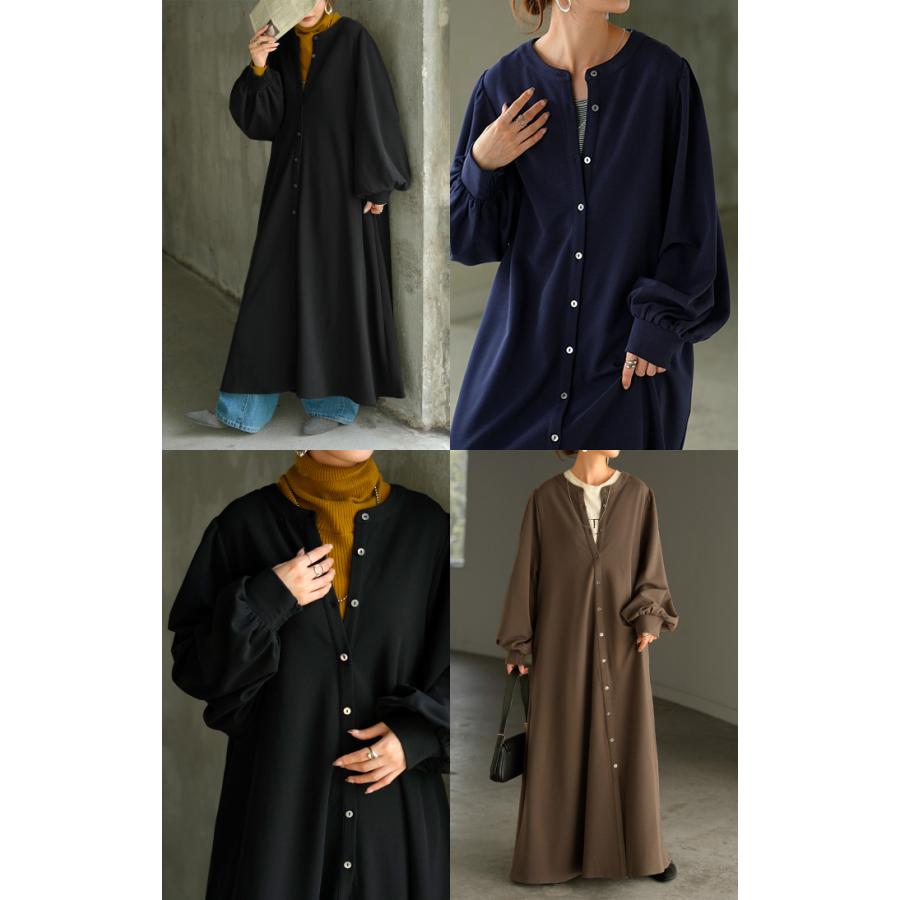 ワンピース ワンピ ロング シャツ 選べる 2丈 レディース シャツワンピ ロングワンピース Aライン マキシ ノーカラー ボリュームスリーブ | HUG.U | 21