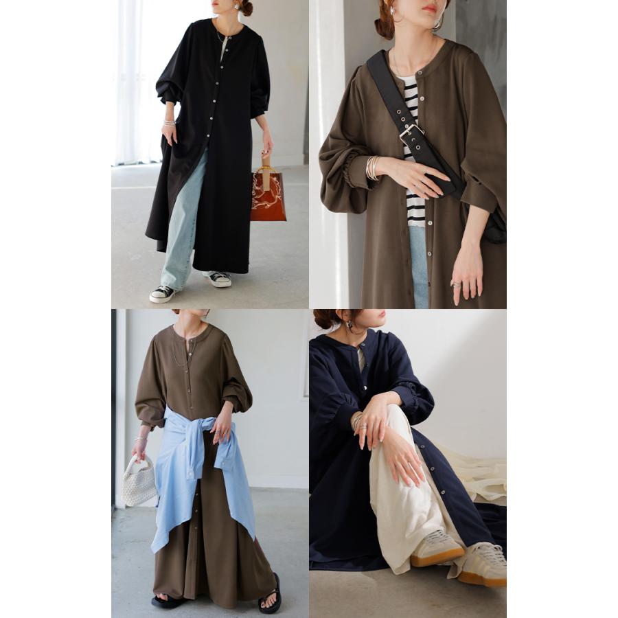 ワンピース ワンピ ロング シャツ 選べる 2丈 レディース シャツワンピ ロングワンピース Aライン マキシ ノーカラー ボリュームスリーブ | HUG.U | 21
