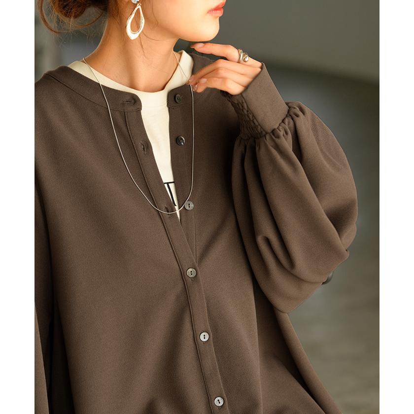 ワンピース ワンピ ロング シャツ 選べる 2丈 レディース シャツワンピ ロングワンピース Aライン マキシ ノーカラー ボリュームスリーブ | HUG.U | 22