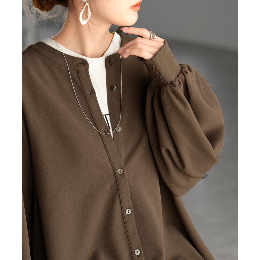 ワンピース ワンピ ロング シャツ 選べる 2丈 レディース シャツワンピ ロングワンピース Aライン マキシ ノーカラー ボリュームスリーブ | HUG.U | 22