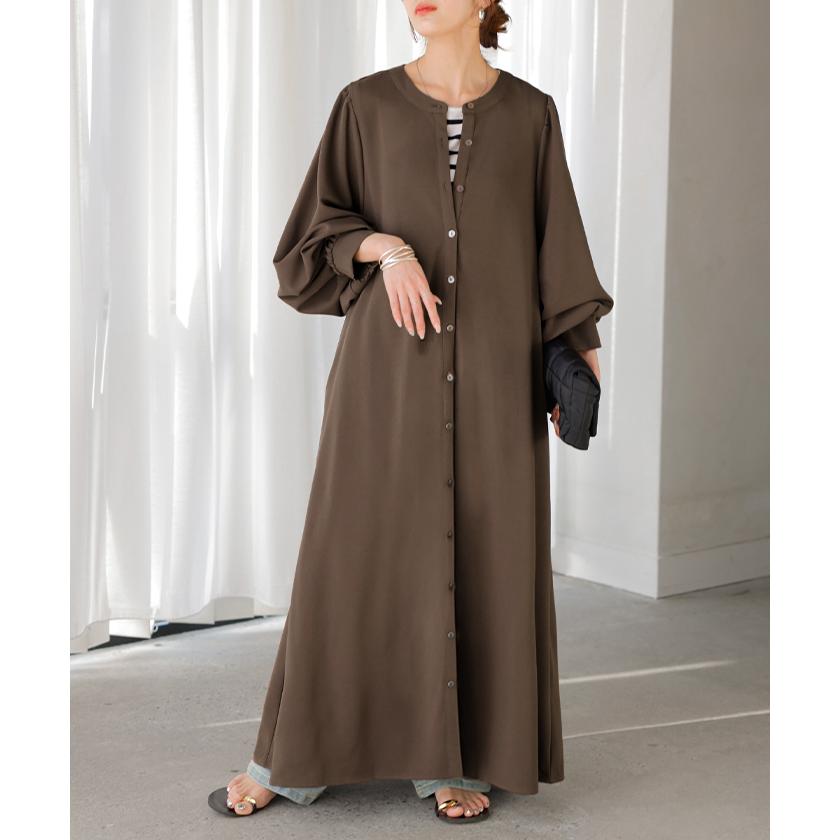 ワンピース ワンピ ロング シャツ 選べる 2丈 レディース シャツワンピ ロングワンピース Aライン マキシ ノーカラー ボリュームスリーブ | HUG.U | 07