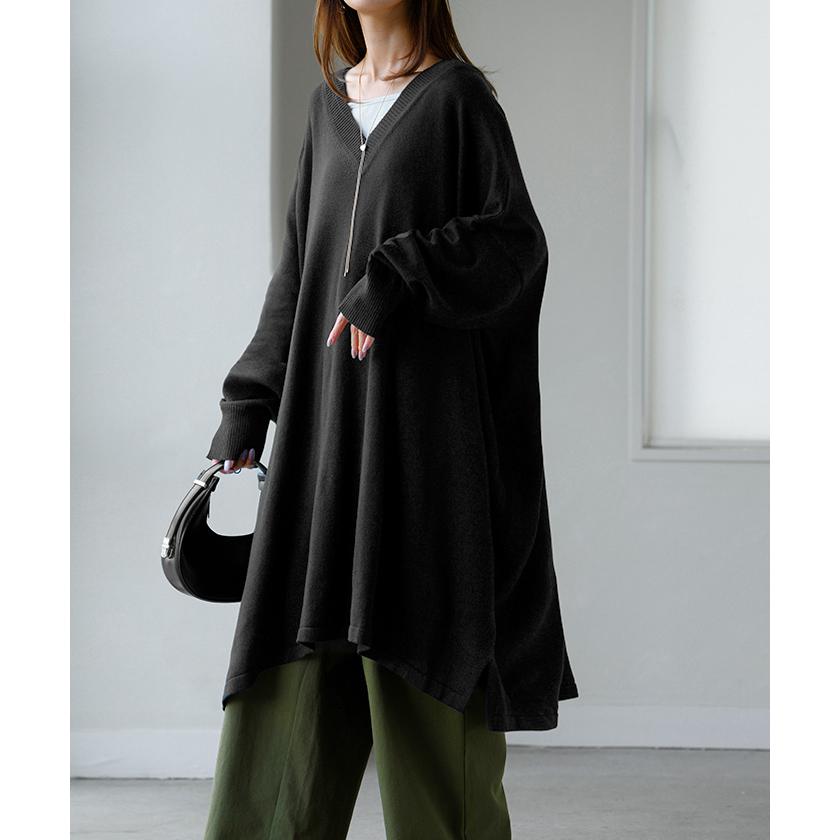 ニット ロング Vネック レディース トップス チュニック セーター オーバー プルオーバー 長袖 ドルマン ドルマンスリーブ ポケット スリット チクチクしない | HUG.U | 21