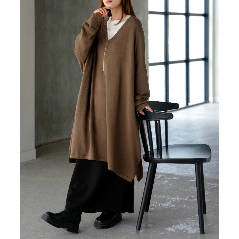 ニット ロング Vネック レディース トップス チュニック セーター オーバー プルオーバー 長袖 ドルマン ドルマンスリーブ ポケット スリット チクチクしない | HUG.U | 08