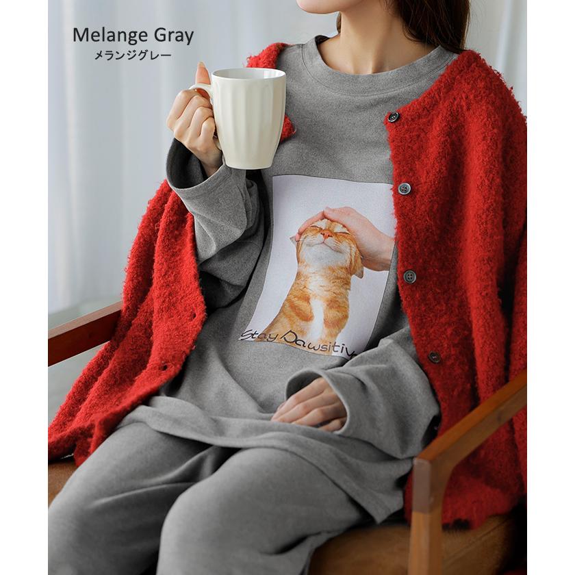 ルームウェア 体感＋3.2℃ 腹巻 付き 猫 プリント レディース パジャマ ロング 吸湿発熱 パンツ トップス ロンT 長袖 部屋着 セットアップ はらまき あったか | HUG.U | 13