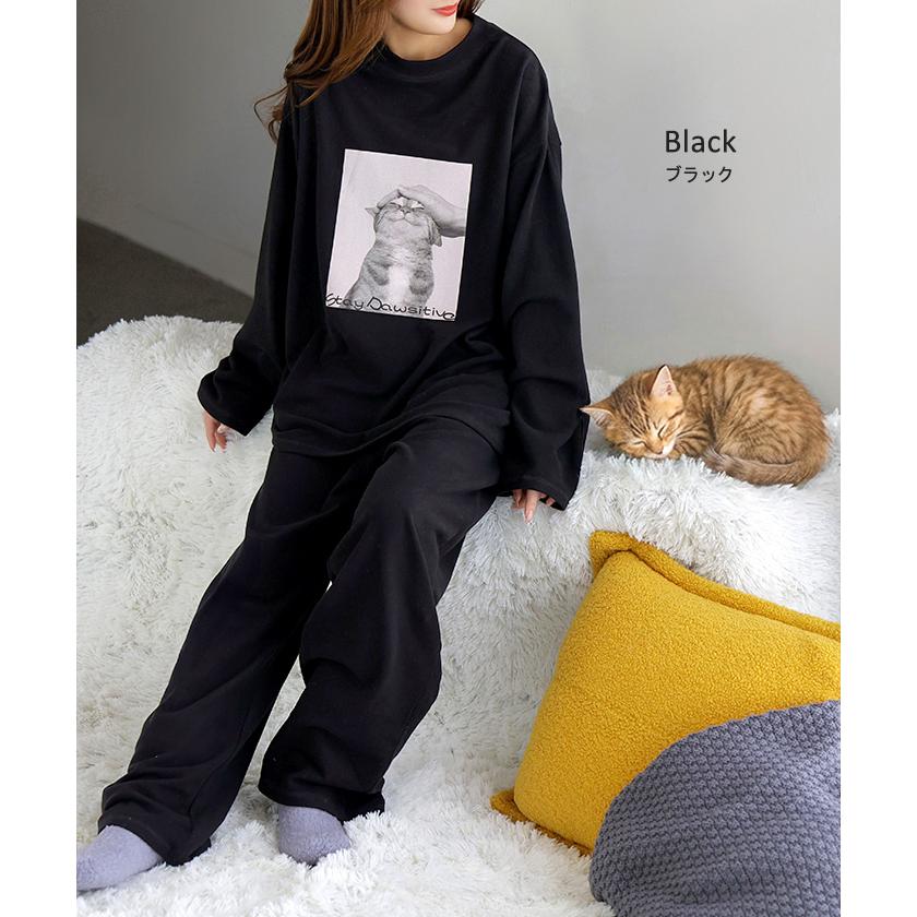 ルームウェア 体感＋3.2℃ 腹巻 付き 猫 プリント レディース パジャマ ロング 吸湿発熱 パンツ トップス ロンT 長袖 部屋着 セットアップ はらまき あったか | HUG.U | 14