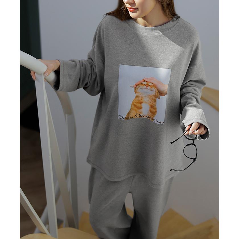 ルームウェア 体感＋3.2℃ 腹巻 付き 猫 プリント レディース パジャマ ロング 吸湿発熱 パンツ トップス ロンT 長袖 部屋着 セットアップ はらまき あったか | HUG.U | 16