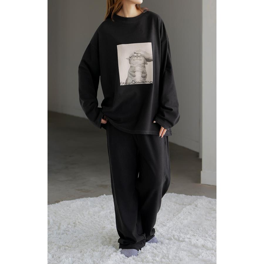 ルームウェア 体感＋3.2℃ 腹巻 付き 猫 プリント レディース パジャマ ロング 吸湿発熱 パンツ トップス ロンT 長袖 部屋着 セットアップ はらまき あったか | HUG.U | 20