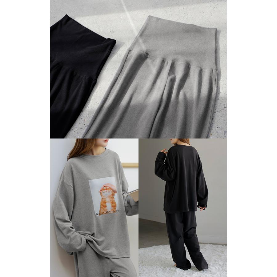 ルームウェア 体感＋3.2℃ 腹巻 付き 猫 プリント レディース パジャマ ロング 吸湿発熱 パンツ トップス ロンT 長袖 部屋着 セットアップ はらまき あったか | HUG.U | 21