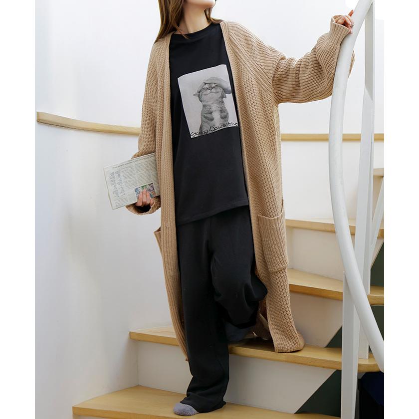 ルームウェア 体感＋3.2℃ 腹巻 付き 猫 プリント レディース パジャマ ロング 吸湿発熱 パンツ トップス ロンT 長袖 部屋着 セットアップ はらまき あったか | HUG.U | 06