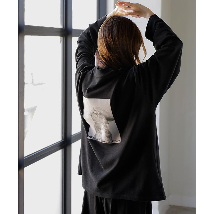 ルームウェア 体感＋3.2℃ 腹巻 付き 猫 プリント レディース パジャマ ロング 吸湿発熱 パンツ トップス ロンT 長袖 部屋着 セットアップ はらまき あったか | HUG.U | 09