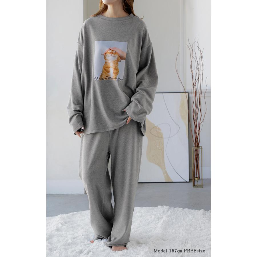 ルームウェア 体感＋3.2℃ 腹巻 付き 猫 プリント レディース パジャマ ロング 吸湿発熱 パンツ トップス ロンT 長袖 部屋着 セットアップ はらまき あったか | HUG.U | 10