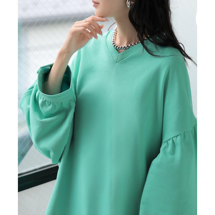 カットソー ロンT Vネック ぽわん袖 レディース トップス ロング Tシャツ ティーシャツ カフス 綿 長袖 長い トレーナー ボリュームスリーブ リブ | HUG.U | 15