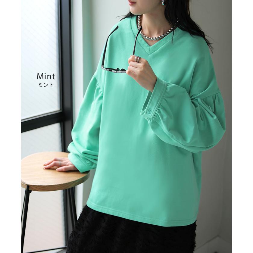 カットソー ロンT Vネック ぽわん袖 レディース トップス ロング Tシャツ ティーシャツ カフス 綿 長袖 長い トレーナー ボリュームスリーブ リブ | HUG.U | 20