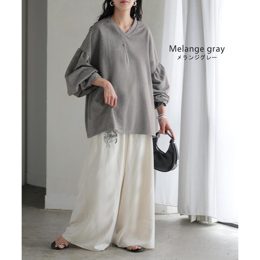 カットソー ロンT Vネック ぽわん袖 レディース トップス ロング Tシャツ ティーシャツ カフス 綿 長袖 長い トレーナー ボリュームスリーブ リブ | HUG.U | 22