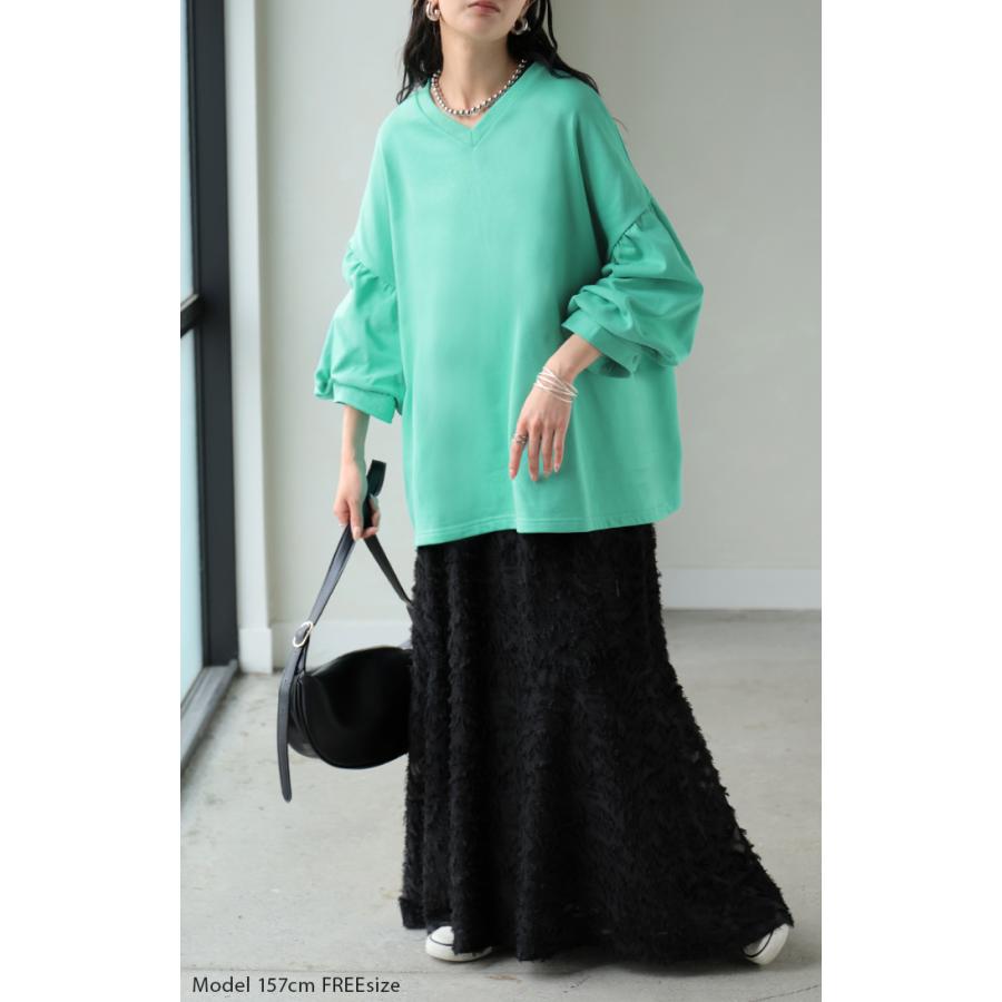 カットソー ロンT Vネック ぽわん袖 レディース トップス ロング Tシャツ ティーシャツ カフス 綿 長袖 長い トレーナー ボリュームスリーブ リブ | HUG.U | 24