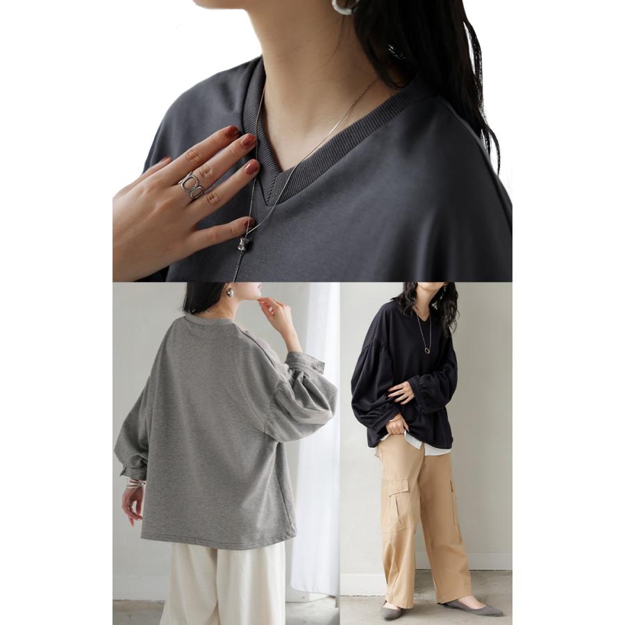 カットソー ロンT Vネック ぽわん袖 レディース トップス ロング Tシャツ ティーシャツ カフス 綿 長袖 長い トレーナー ボリュームスリーブ リブ | HUG.U | 25