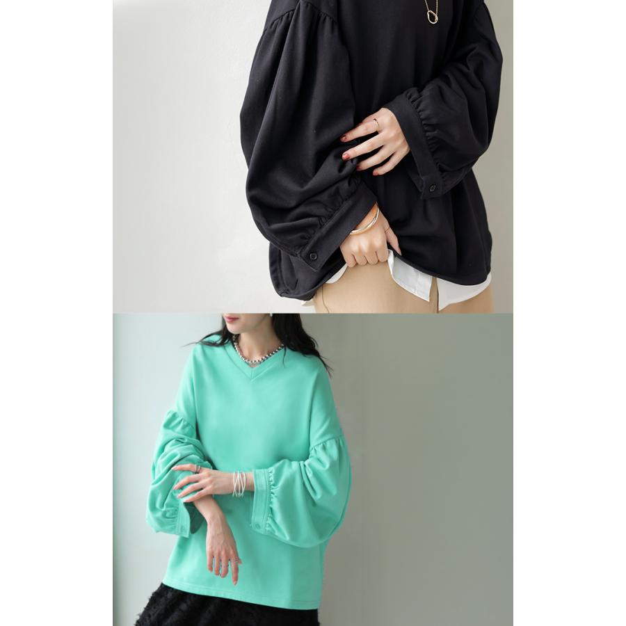カットソー ロンT Vネック ぽわん袖 レディース トップス ロング Tシャツ ティーシャツ カフス 綿 長袖 長い トレーナー ボリュームスリーブ リブ | HUG.U | 09