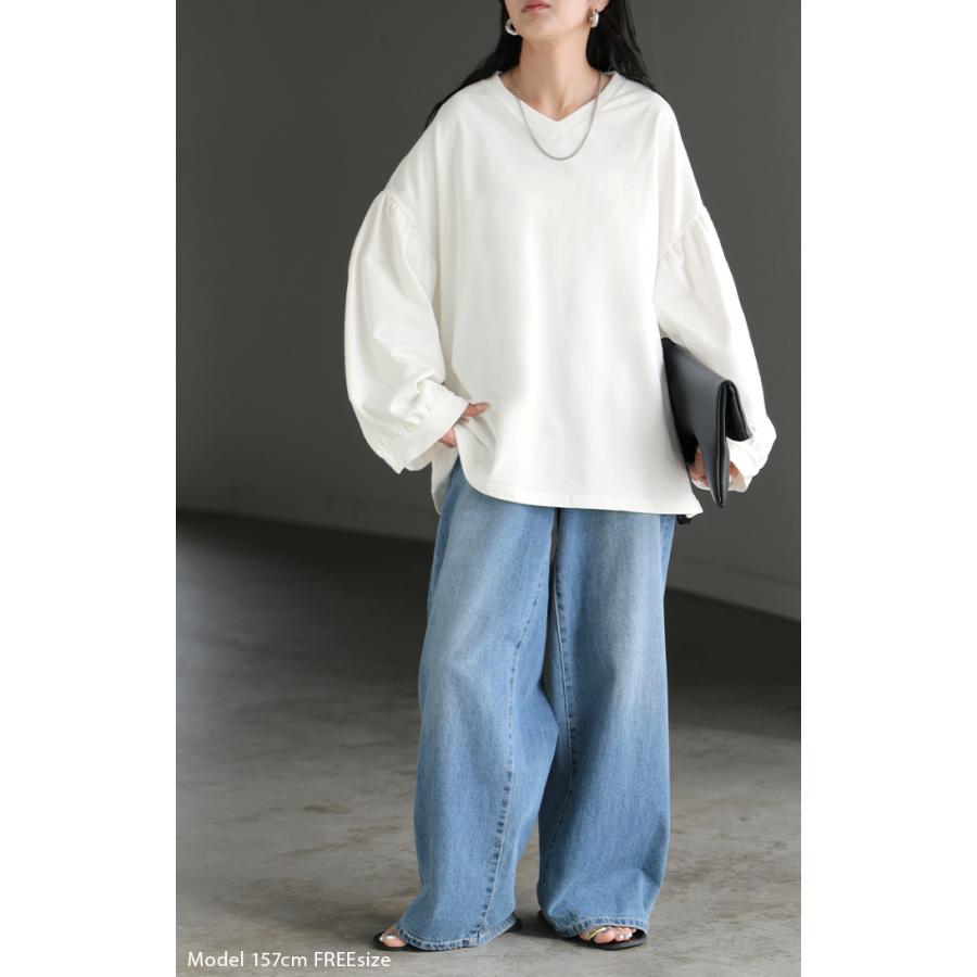 カットソー ロンT Vネック ぽわん袖 レディース トップス ロング Tシャツ ティーシャツ カフス 綿 長袖 長い トレーナー ボリュームスリーブ リブ | HUG.U | 10