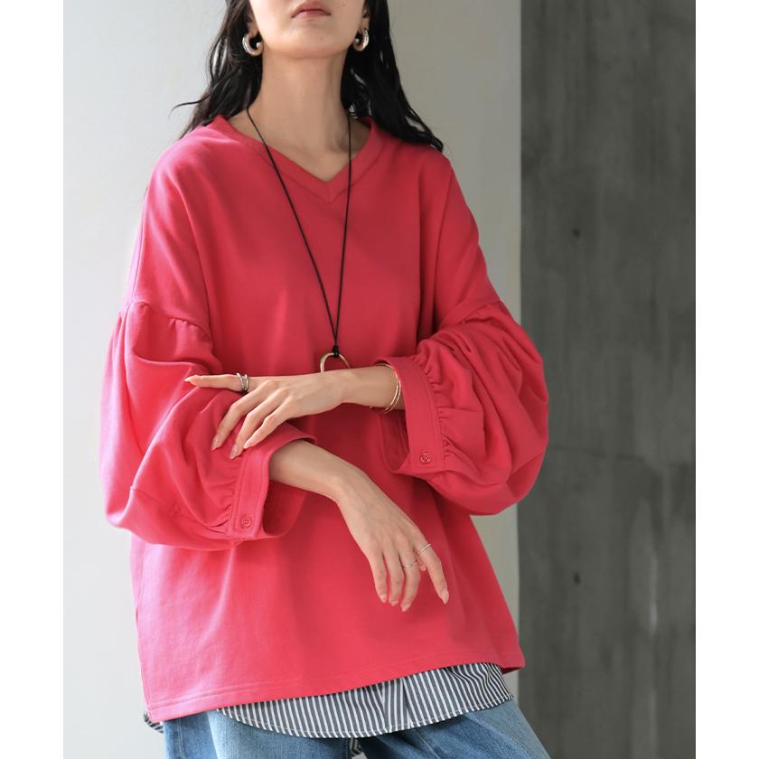 カットソー ロンT Vネック ぽわん袖 レディース トップス ロング Tシャツ ティーシャツ カフス 綿 長袖 長い トレーナー ボリュームスリーブ リブ | HUG.U | 11