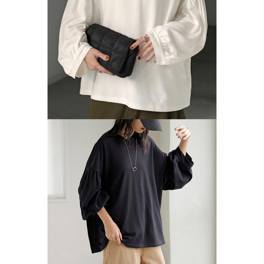 カットソー ロンT Vネック ぽわん袖 レディース トップス ロング Tシャツ ティーシャツ カフス 綿 長袖 長い トレーナー ボリュームスリーブ リブ | HUG.U | 14