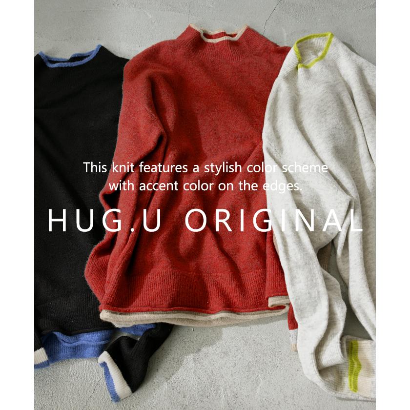 ニット 配色 トップス ロング レディース セーター オーバー プルオーバー タートルネック ハイネック 長袖 長い 指穴 リブ チュニック ゆったり インナー | HUG.U | 22
